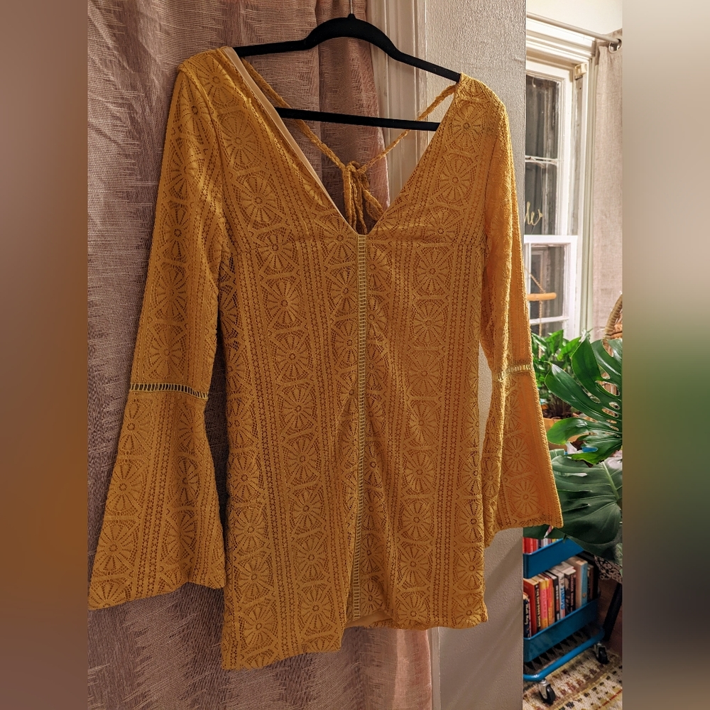 Vintage Golden Yellow Floral Embroidered Mini Dress
